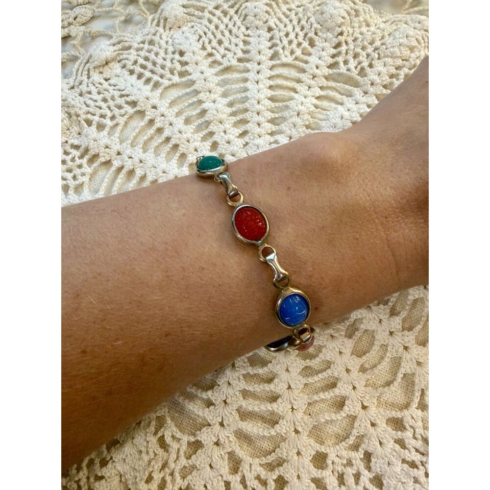 Vintage 1950s Multi Color Glass Scarab Bracelet, Egyptian Revival Safety Chain